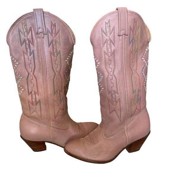 VTG Dan Post Rainbow Stitch Aztec Print Pink Leather Western Cowboy Boot Size 6 - Picture 1 of 10